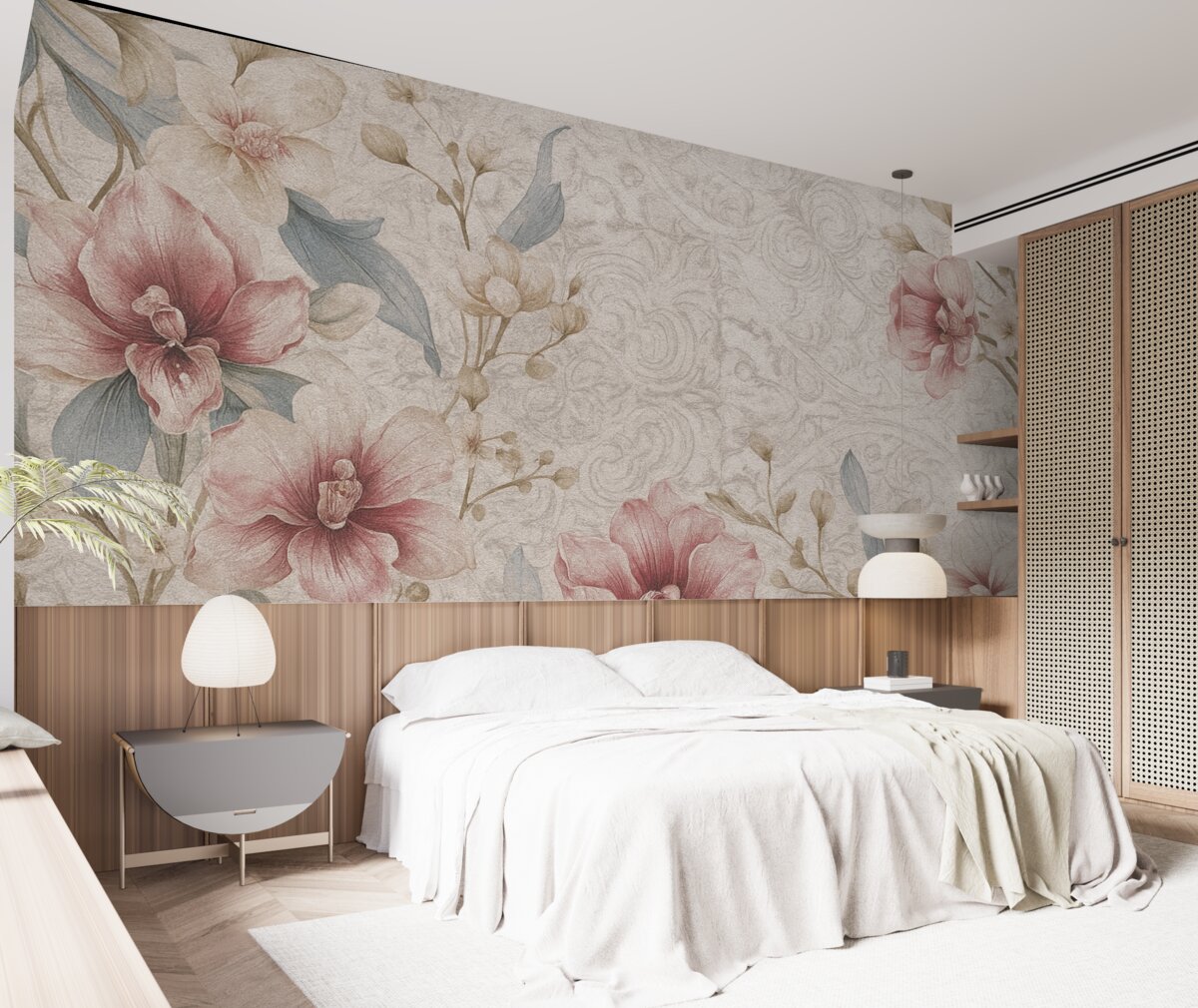 Fototapeta Wzór florystyczny w stylu retro z subtelnymi różowymi oraz białymi kwiatami, liśćmi na jasnobeżowym tle.