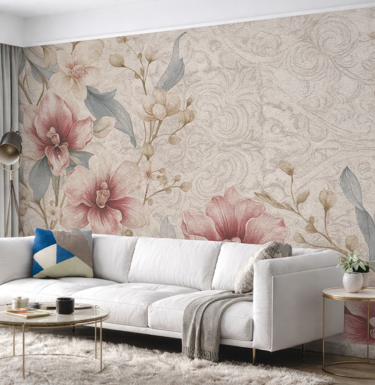 Fototapeta Wzór florystyczny w stylu retro z subtelnymi różowymi oraz białymi kwiatami, liśćmi na jasnobeżowym tle.