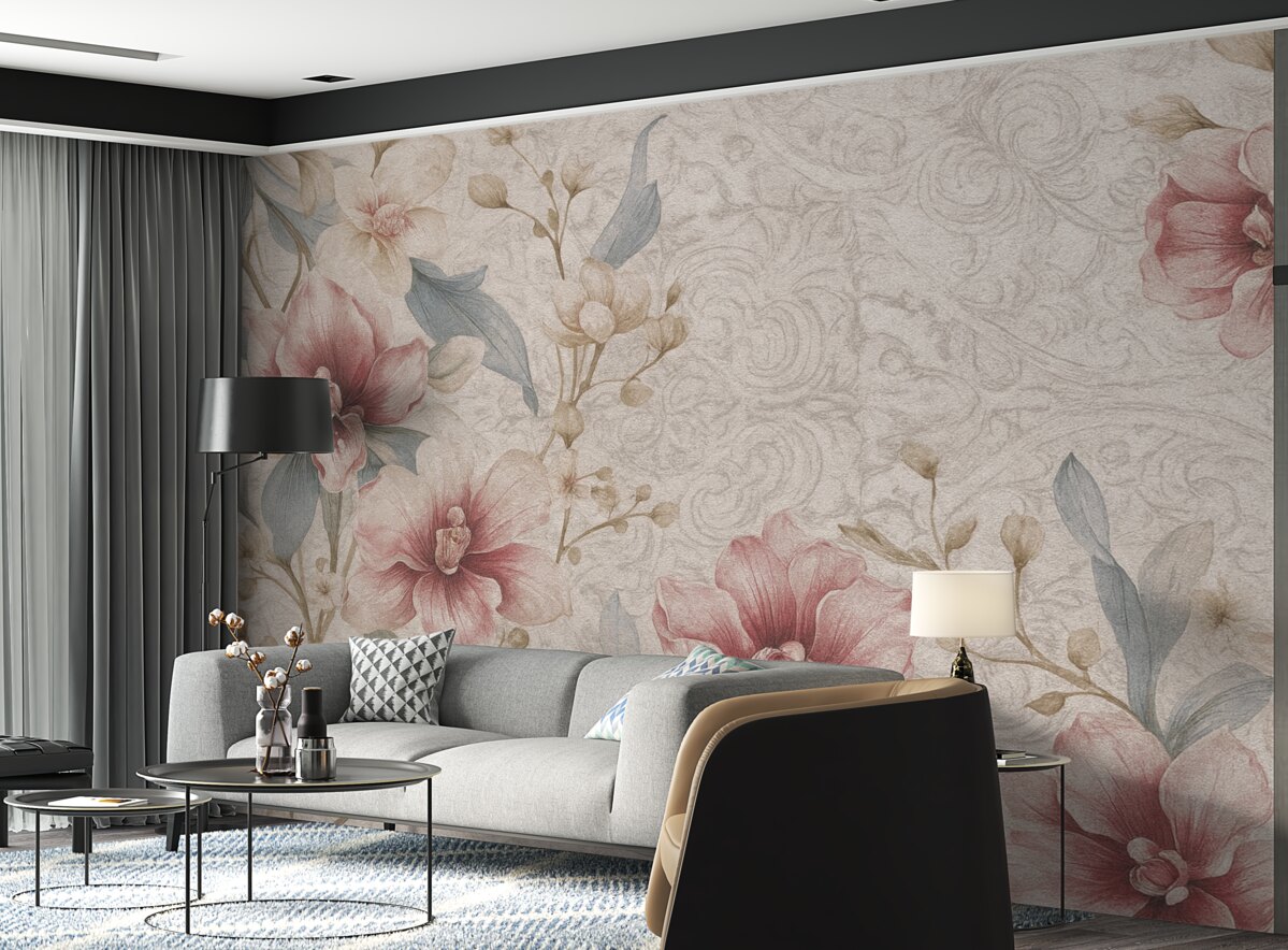 Fototapeta Wzór florystyczny w stylu retro z subtelnymi różowymi oraz białymi kwiatami, liśćmi na jasnobeżowym tle.