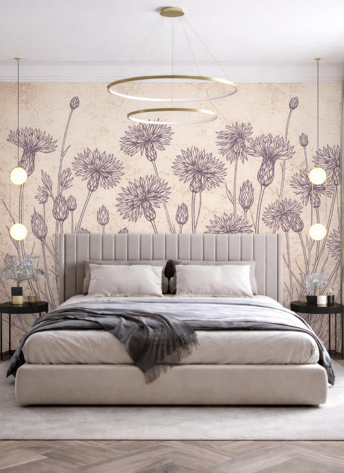 Fototapeta Łąka fioletowych dzikich kwiatów z długimi łodygami i subtelnymi płatkami na jasnym tle.