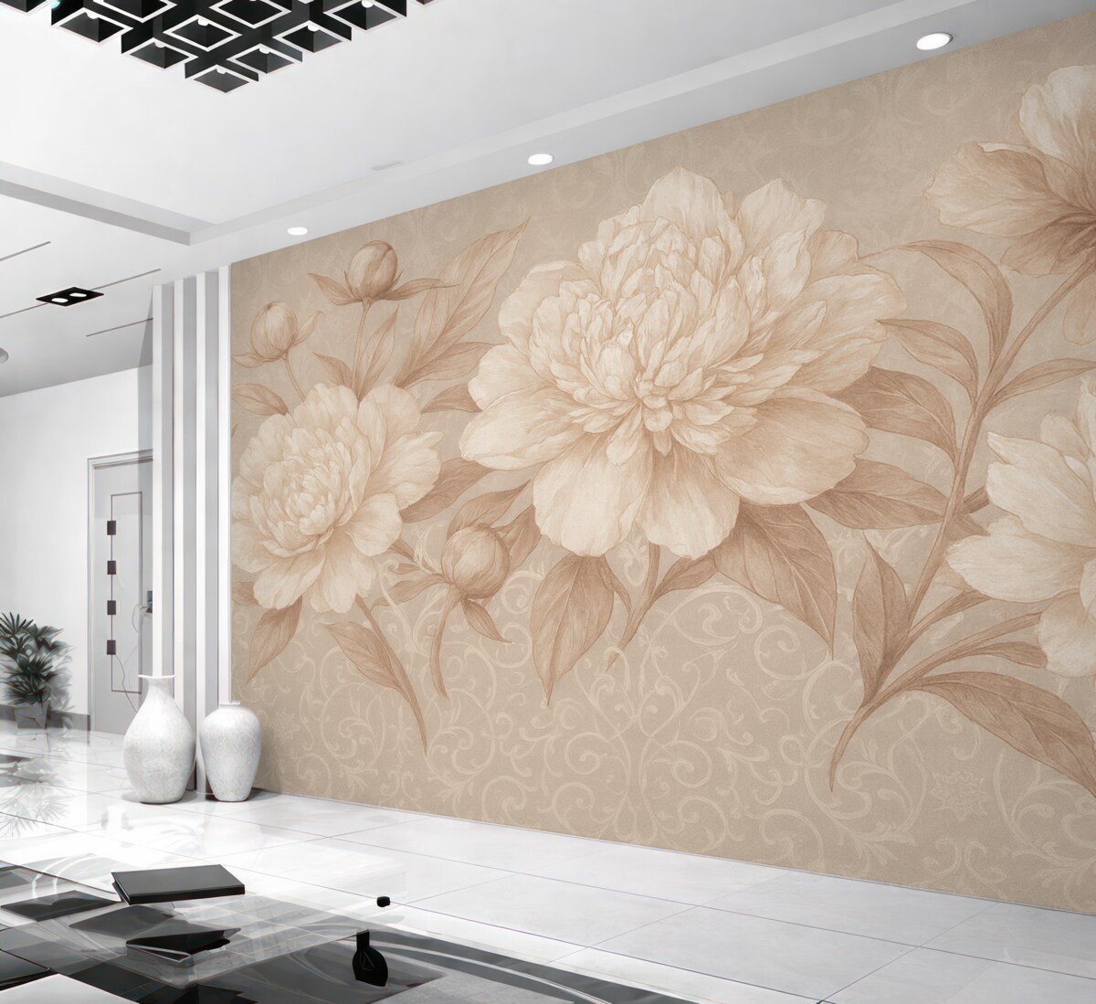 Fototapeta Kwiatowy wzór z finezyjnymi płatkami i liśćmi w tonacjach brązu i bieli na subtelnym, łagodnym tle.