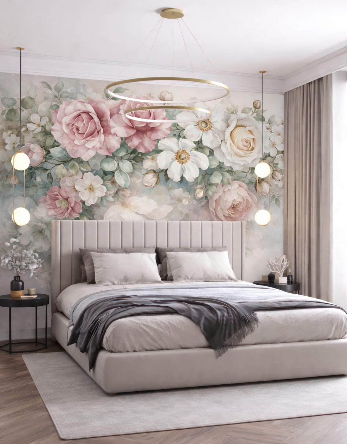 Fototapeta Subtelna, pastelowa aranżacja kwiatowa z różowymi różami, białymi roślinami i zielonymi liśćmi.