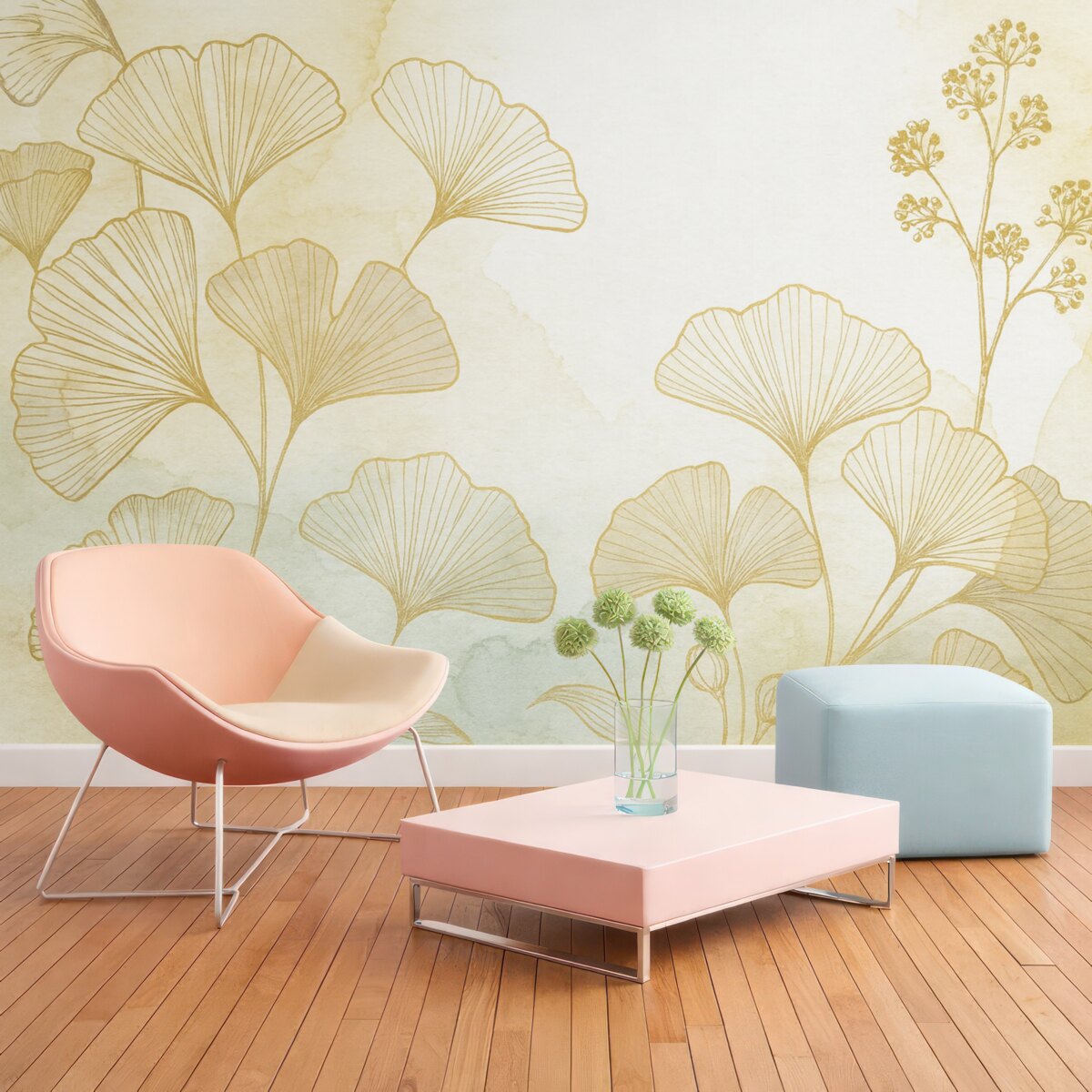 Fototapeta Wzór subtelnych liści miłorzębu w odcieniach jasnobeżowym, opalanego brązu i błękitu na jasnej podstawie.