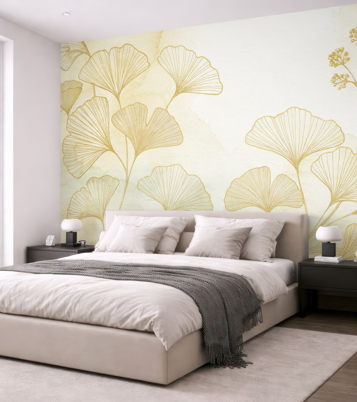 Fototapeta Wzór subtelnych liści miłorzębu w odcieniach jasnobeżowym, opalanego brązu i błękitu na jasnej podstawie.