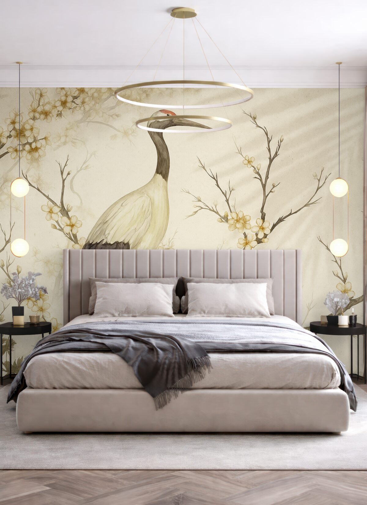 Fototapeta Biały żuraw stojący na konarze z kwitnącymi roślinami na delikatnym, rozmytym tle.