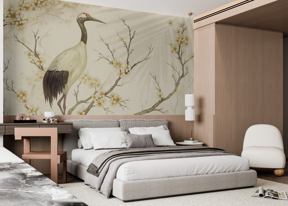 Fototapeta Biały żuraw stojący na konarze z kwitnącymi roślinami na delikatnym, rozmytym tle.