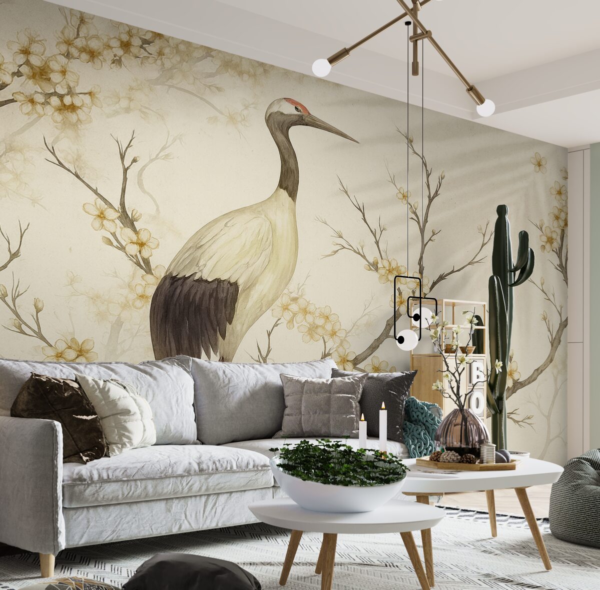 Fototapeta Biały żuraw stojący na konarze z kwitnącymi roślinami na delikatnym, rozmytym tle.