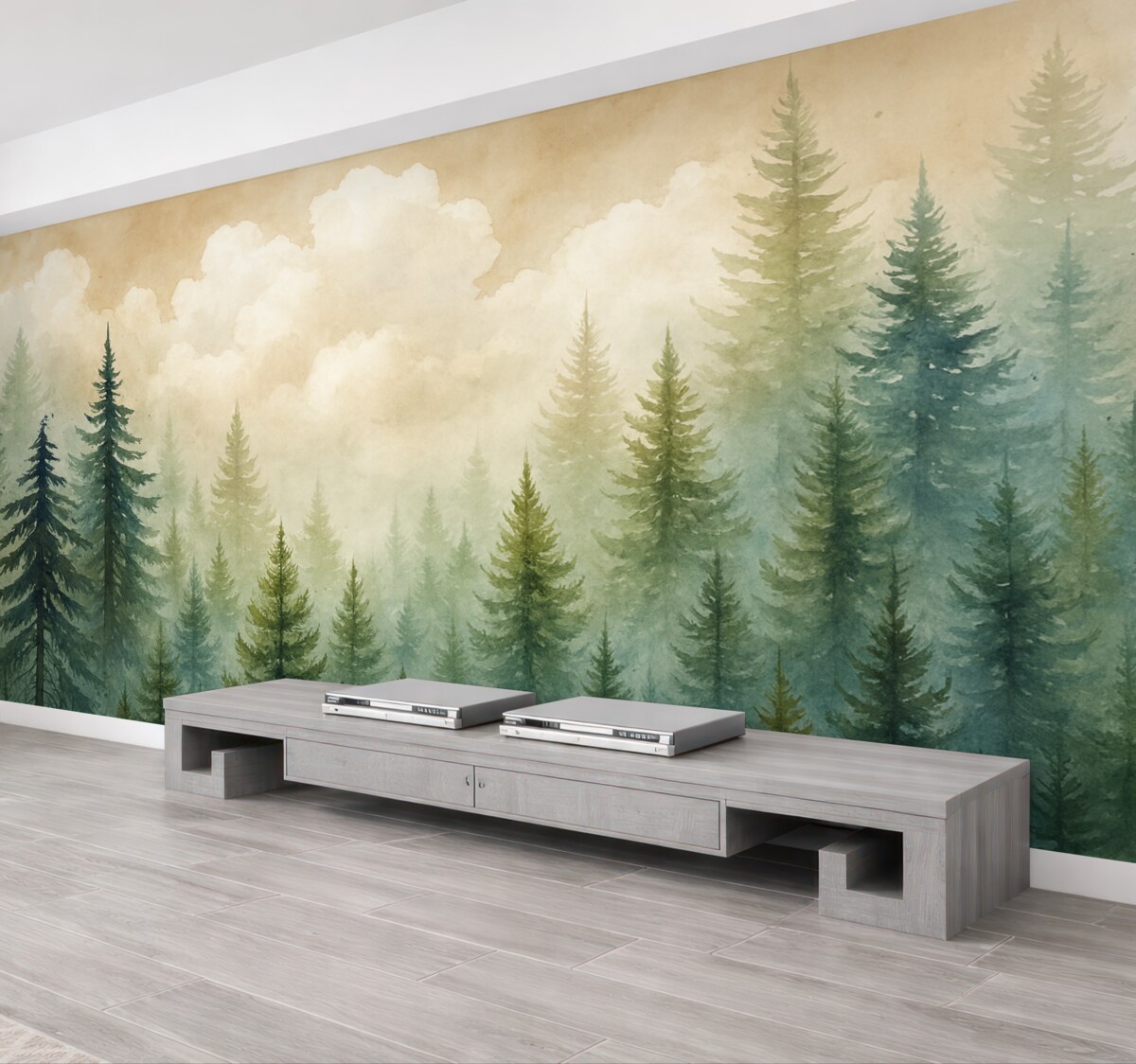 Fototapeta Las wysokich, zawsze zielonych sosen w mglistej atmosferze i pejzażu zmiękczonym delikatnymi, mglistymi chmurami.