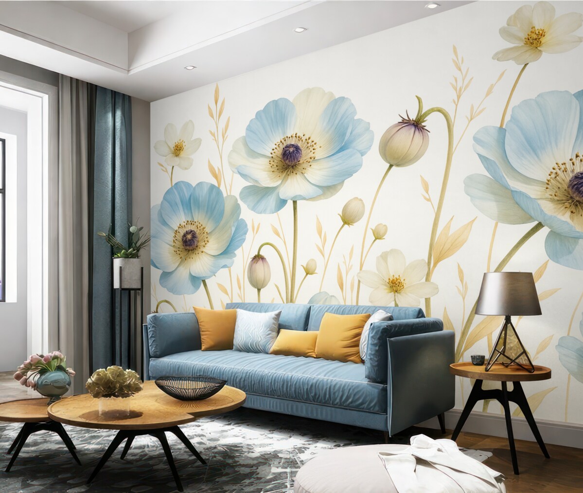 Fototapeta Niebieskie kwiaty anemonów z brązowymi środkami, otoczone wysoką trawą oraz łodygami na jasnym tle.