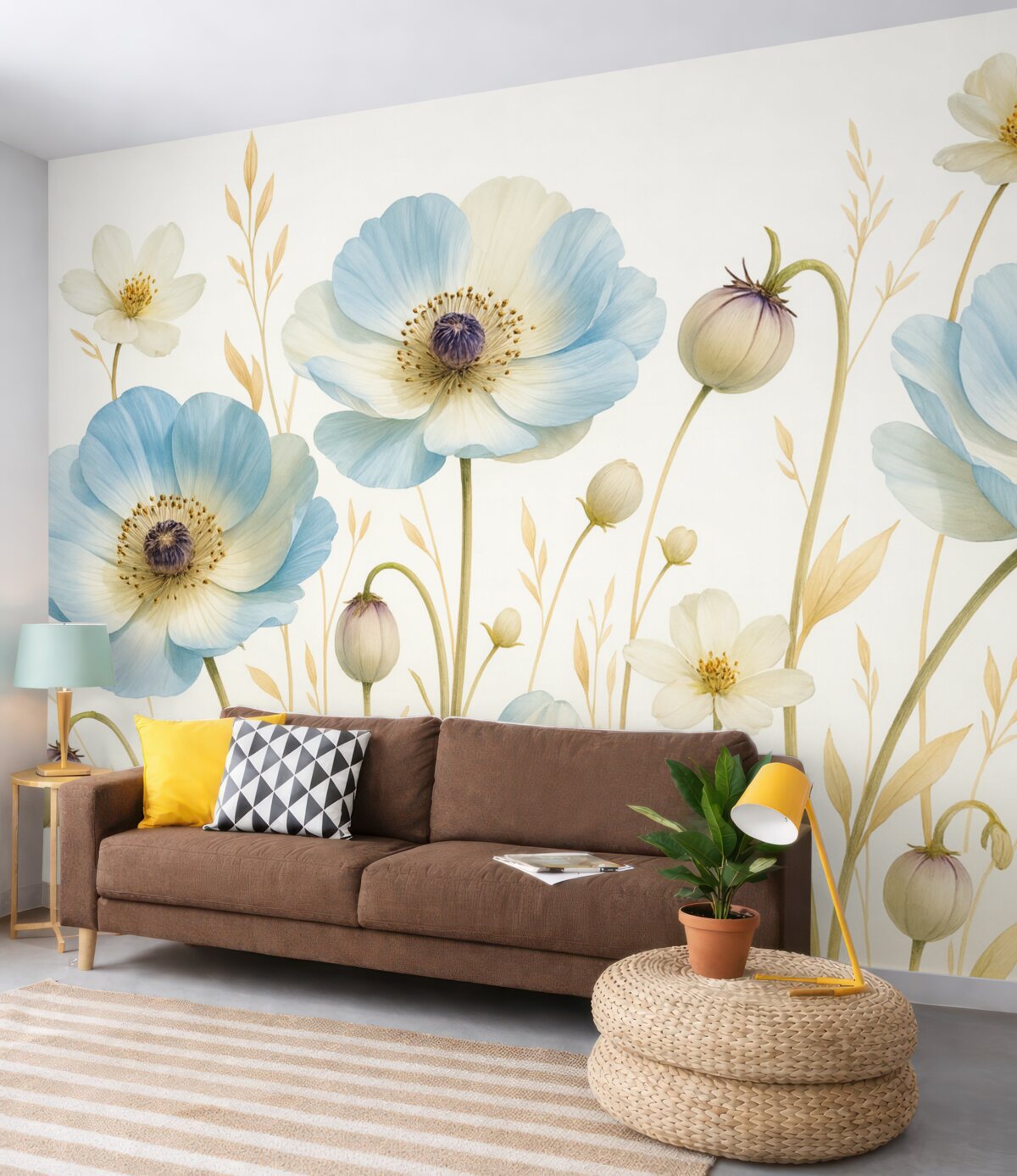 Fototapeta Niebieskie kwiaty anemonów z brązowymi środkami, otoczone wysoką trawą oraz łodygami na jasnym tle.