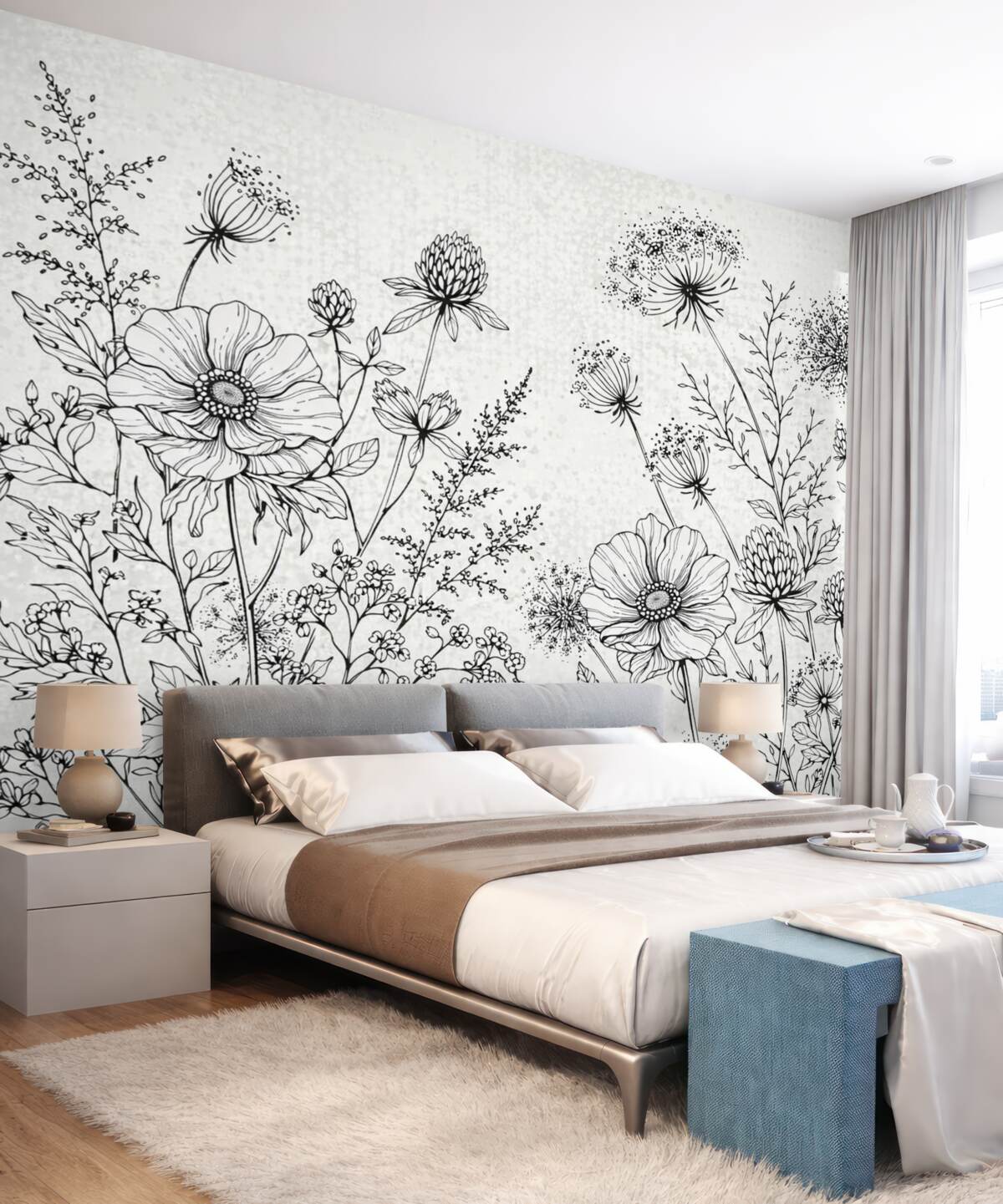 Fototapeta kwiaty namalowane na szarym tle