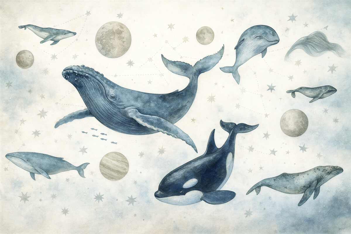 Fototapeta Wieloryby oraz orki, przestrzeń i ciała niebieskie, świat zwierząt w stylu nordyckim.