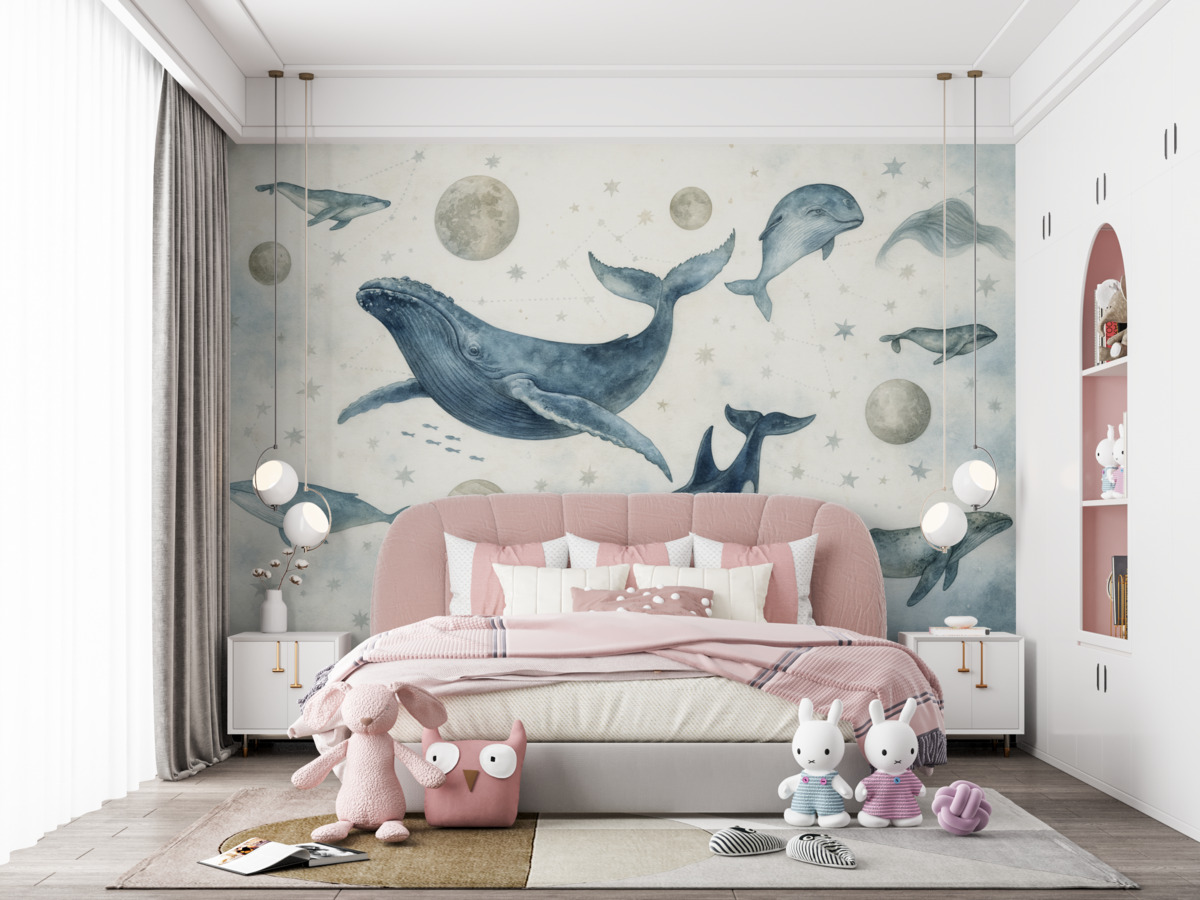 Fototapeta Wieloryby oraz orki, przestrzeń i ciała niebieskie, świat zwierząt w stylu nordyckim.