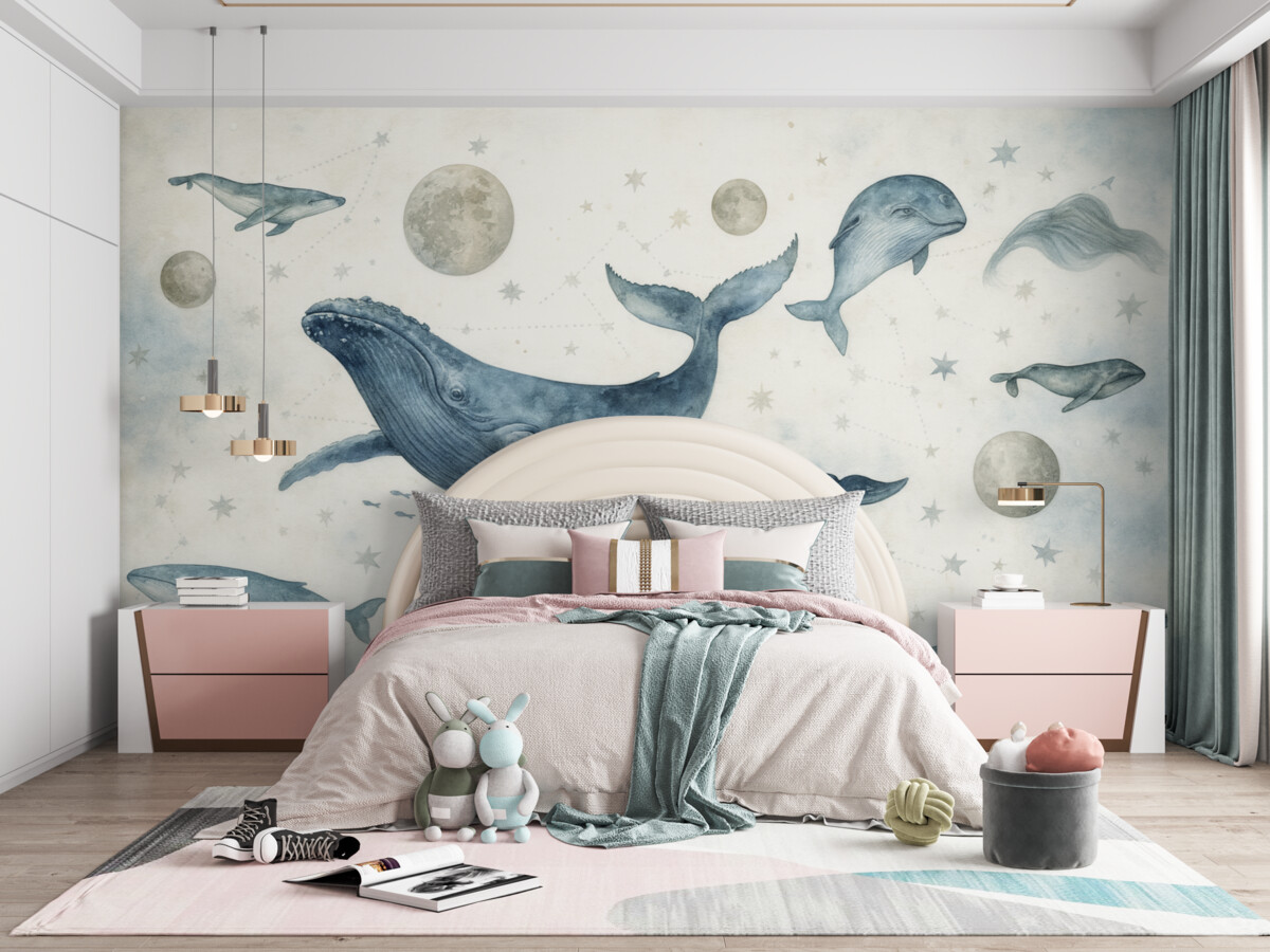 Fototapeta Wieloryby oraz orki, przestrzeń i ciała niebieskie, świat zwierząt w stylu nordyckim.