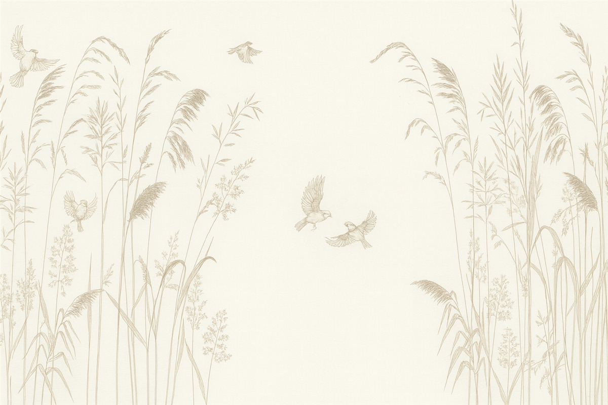 Fototapeta Roślinność i niewielkie ptaki, naturalny minimalizm.