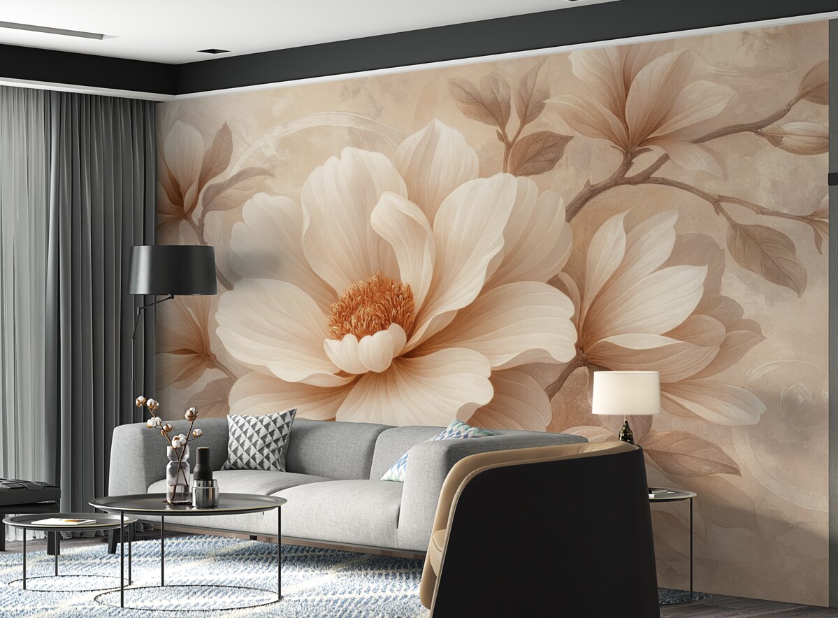 Fototapeta Wielki różowy kwiat na ścianie w stylu grungowym.