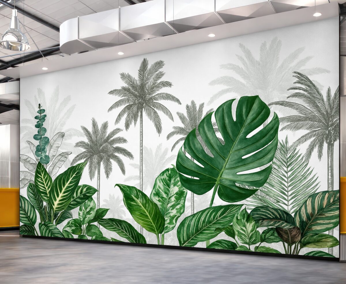 Fototapeta Grafika ukazująca tropikalną dżunglę z palmami oraz dużymi zielonymi liśćmi, stworzona w stylu retro, w konwencji ilustracji botanicznej.