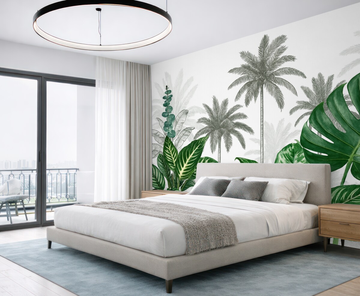 Fototapeta Grafika ukazująca tropikalną dżunglę z palmami oraz dużymi zielonymi liśćmi, stworzona w stylu retro, w konwencji ilustracji botanicznej.