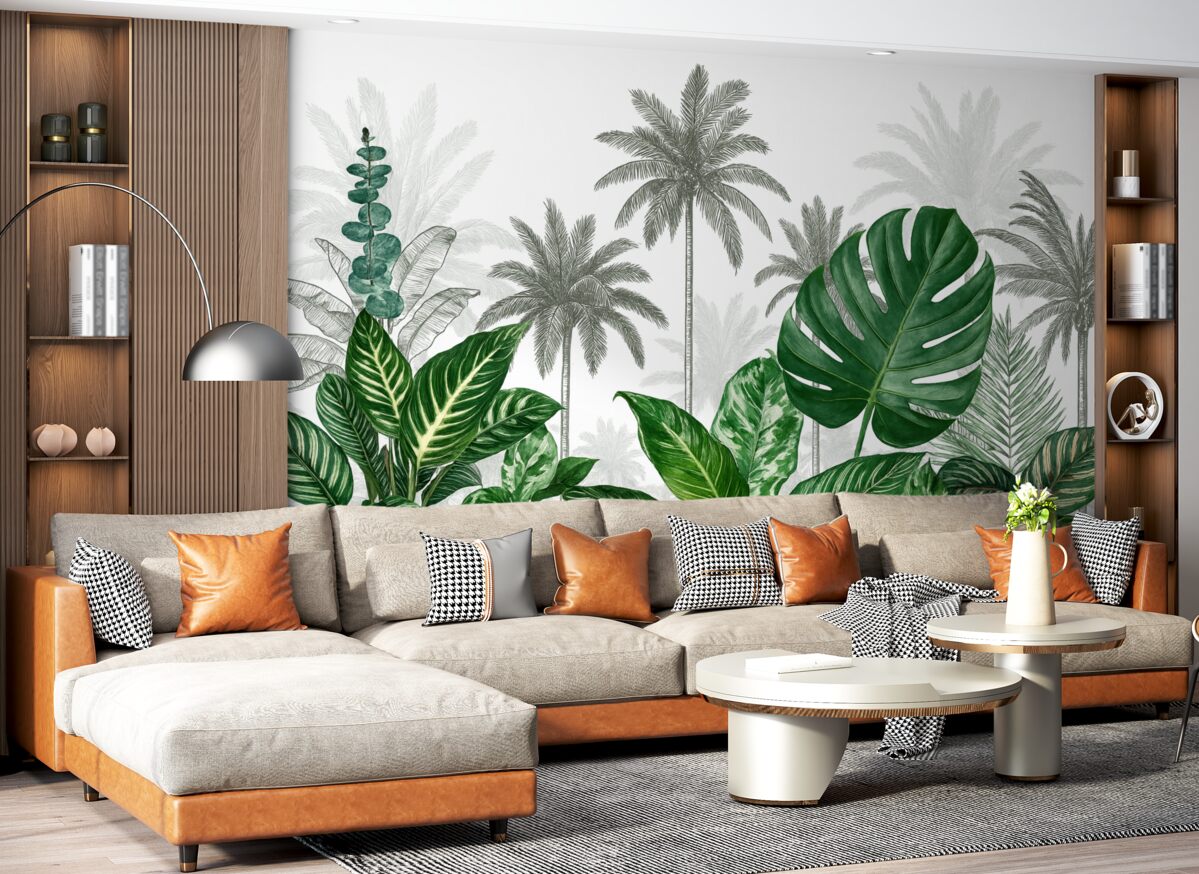 Fototapeta Grafika ukazująca tropikalną dżunglę z palmami oraz dużymi zielonymi liśćmi, stworzona w stylu retro, w konwencji ilustracji botanicznej.