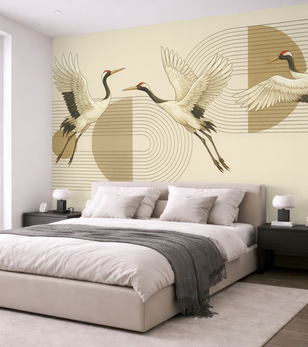 Fototapeta Trzy białe żurawie w powietrzu na geometrycznym, minimalistycznym tle z koncentrycznymi kręgami.