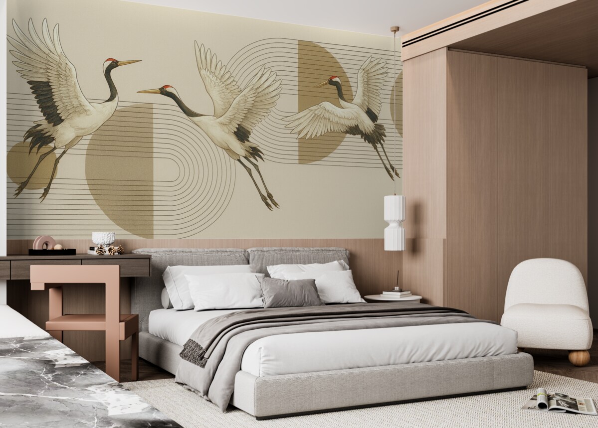 Fototapeta Trzy białe żurawie w powietrzu na geometrycznym, minimalistycznym tle z koncentrycznymi kręgami.