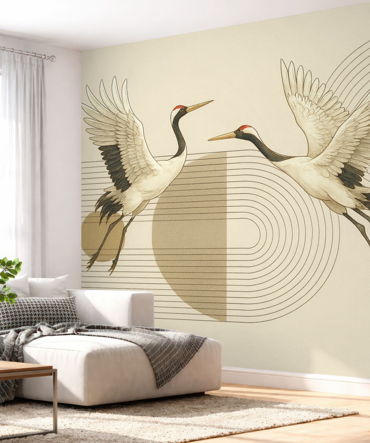 Fototapeta Trzy białe żurawie w powietrzu na geometrycznym, minimalistycznym tle z koncentrycznymi kręgami.