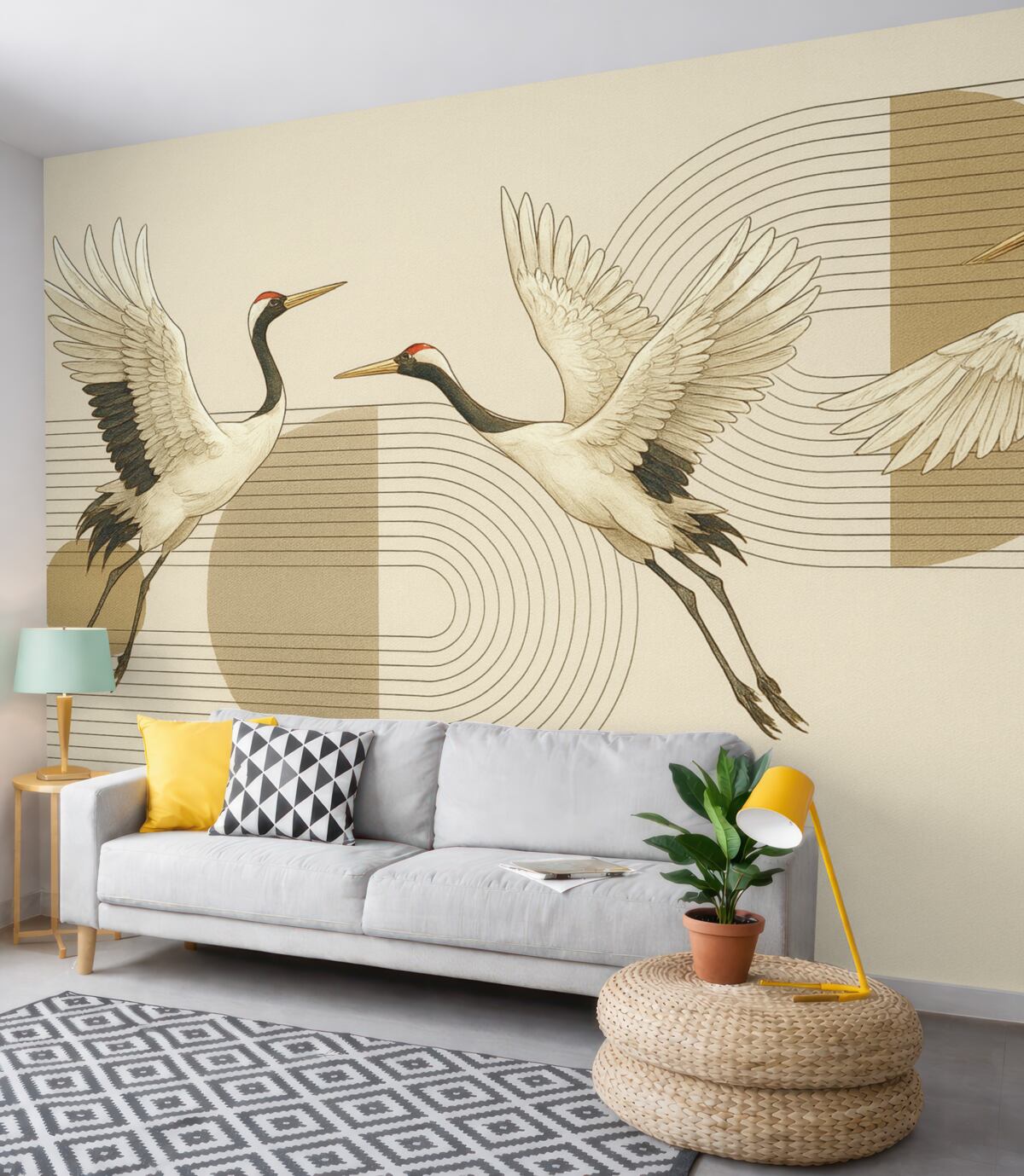 Fototapeta Trzy białe żurawie w powietrzu na geometrycznym, minimalistycznym tle z koncentrycznymi kręgami.