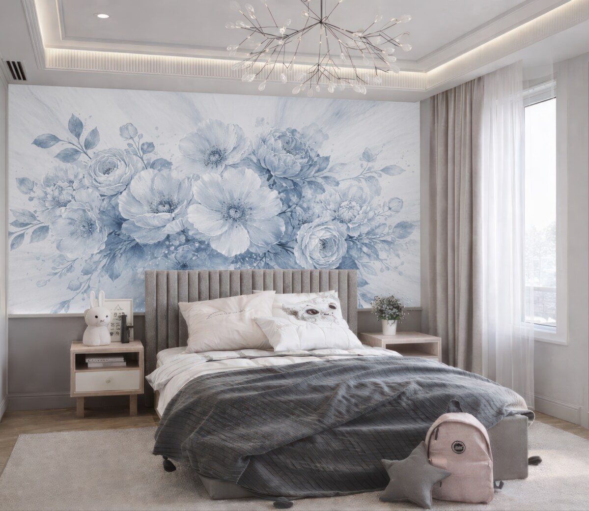 Fototapeta Delikatny, rozmyty motyw florystyczny w tonacjach szarości i bieli, z subtelnymi kwiatami oraz liśćmi.