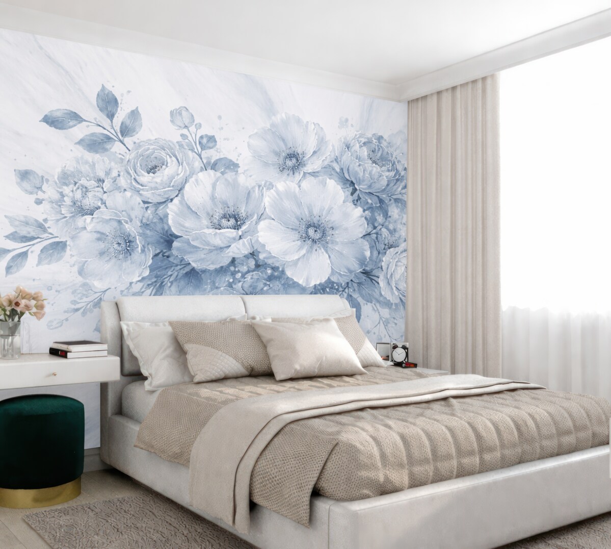 Fototapeta Delikatny, rozmyty motyw florystyczny w tonacjach szarości i bieli, z subtelnymi kwiatami oraz liśćmi.