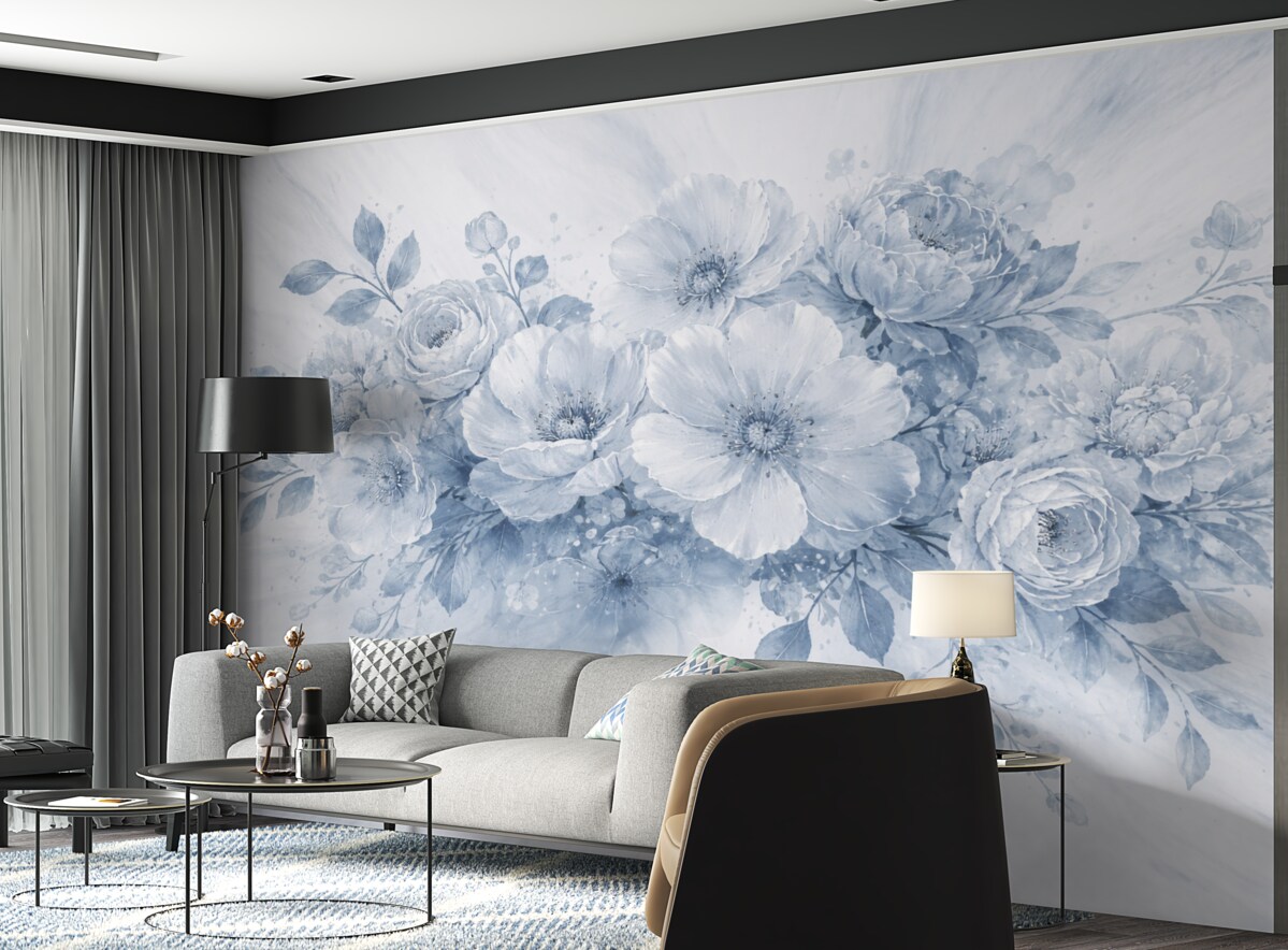 Fototapeta Delikatny, rozmyty motyw florystyczny w tonacjach szarości i bieli, z subtelnymi kwiatami oraz liśćmi.