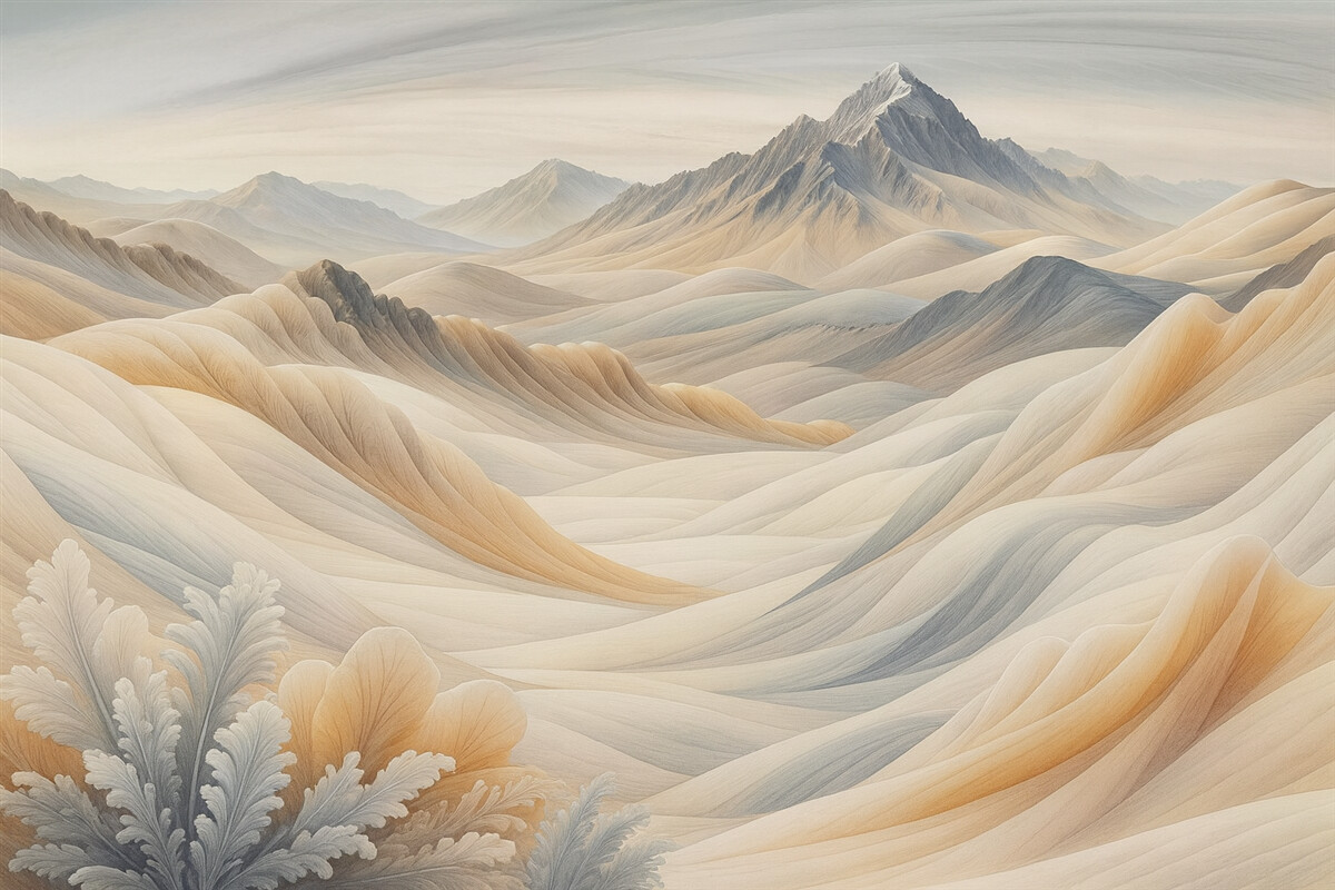 Fototapeta Górski pejzaż z pokrytymi śniegiem wierzchołkami w odcieniach brązu, oszczędna estetyka.