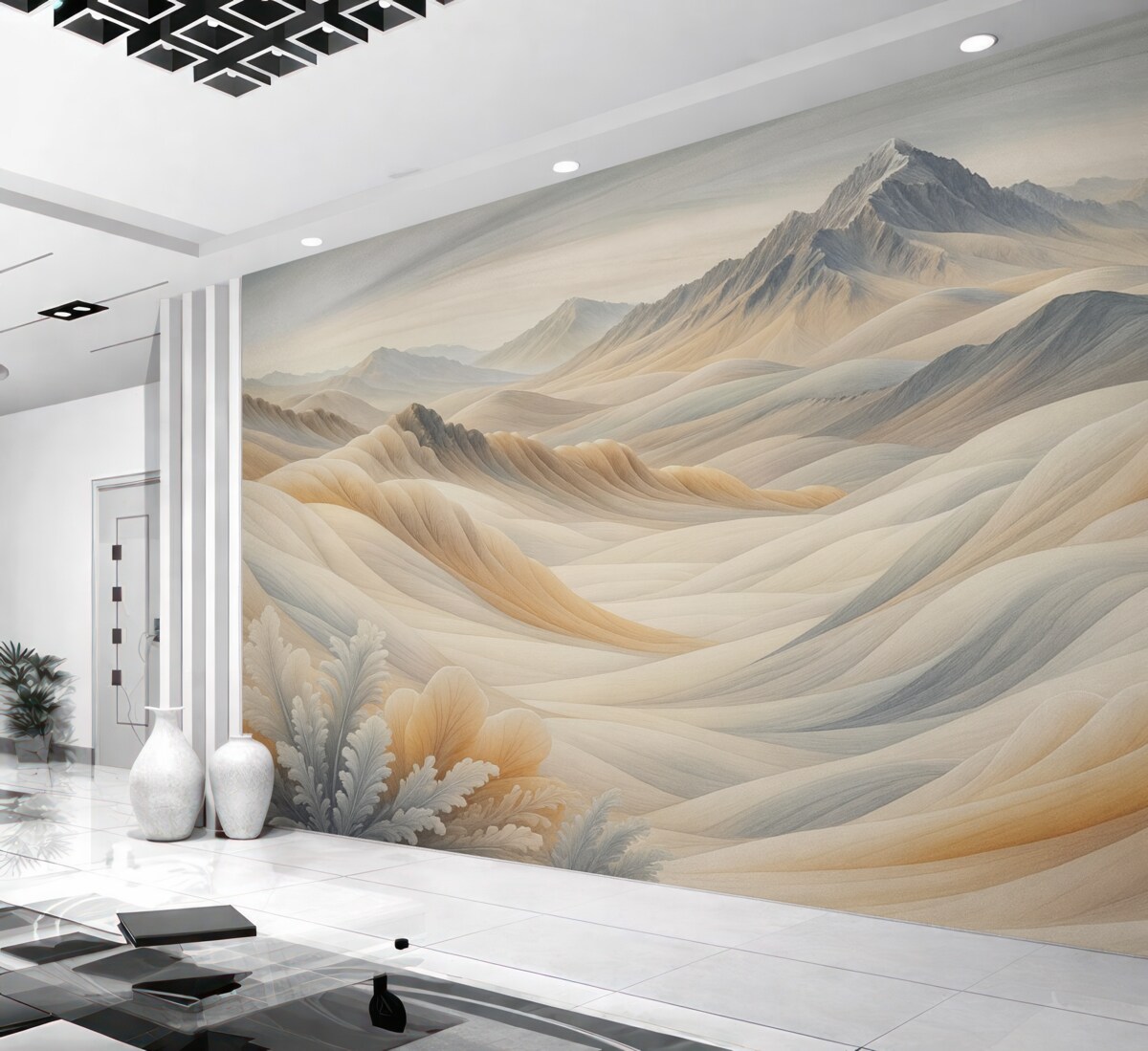 Fototapeta Górski pejzaż z pokrytymi śniegiem wierzchołkami w odcieniach brązu, oszczędna estetyka.