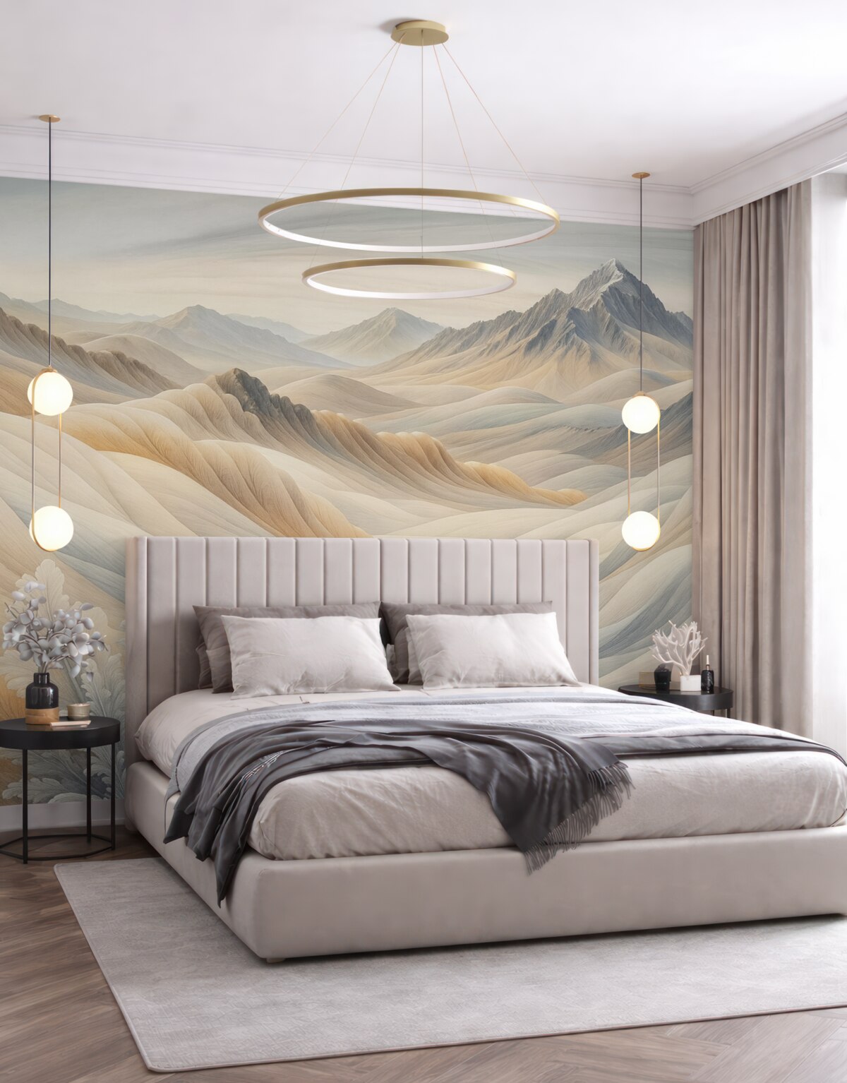 Fototapeta Górski pejzaż z pokrytymi śniegiem wierzchołkami w odcieniach brązu, oszczędna estetyka.