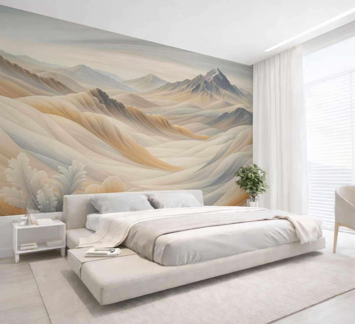 Fototapeta Górski pejzaż z pokrytymi śniegiem wierzchołkami w odcieniach brązu, oszczędna estetyka.