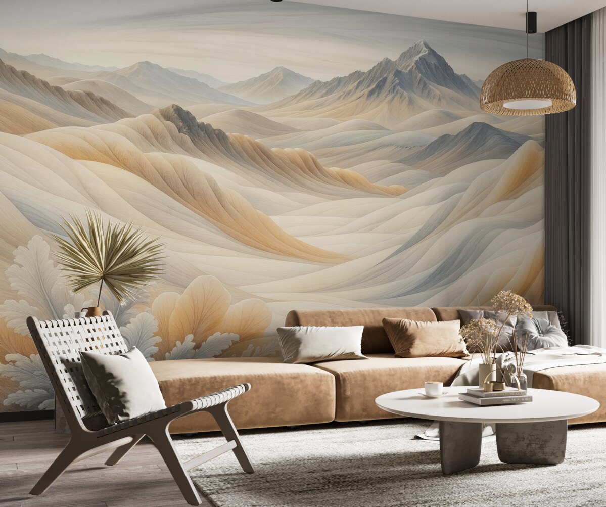 Fototapeta Górski pejzaż z pokrytymi śniegiem wierzchołkami w odcieniach brązu, oszczędna estetyka.