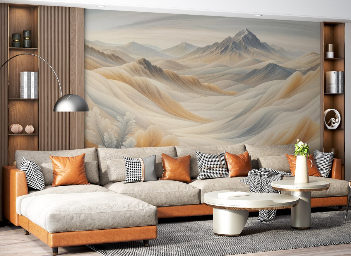 Fototapeta Górski pejzaż z pokrytymi śniegiem wierzchołkami w odcieniach brązu, oszczędna estetyka.