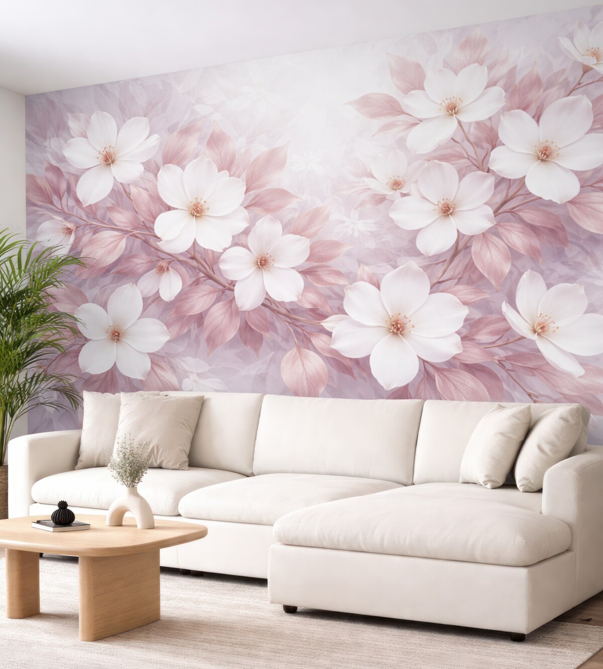 Fototapeta Subtelne różowe i białe kwiaty magnolii rozwijające się na miękkich, zamglonych gałęziach na jasnym tle.