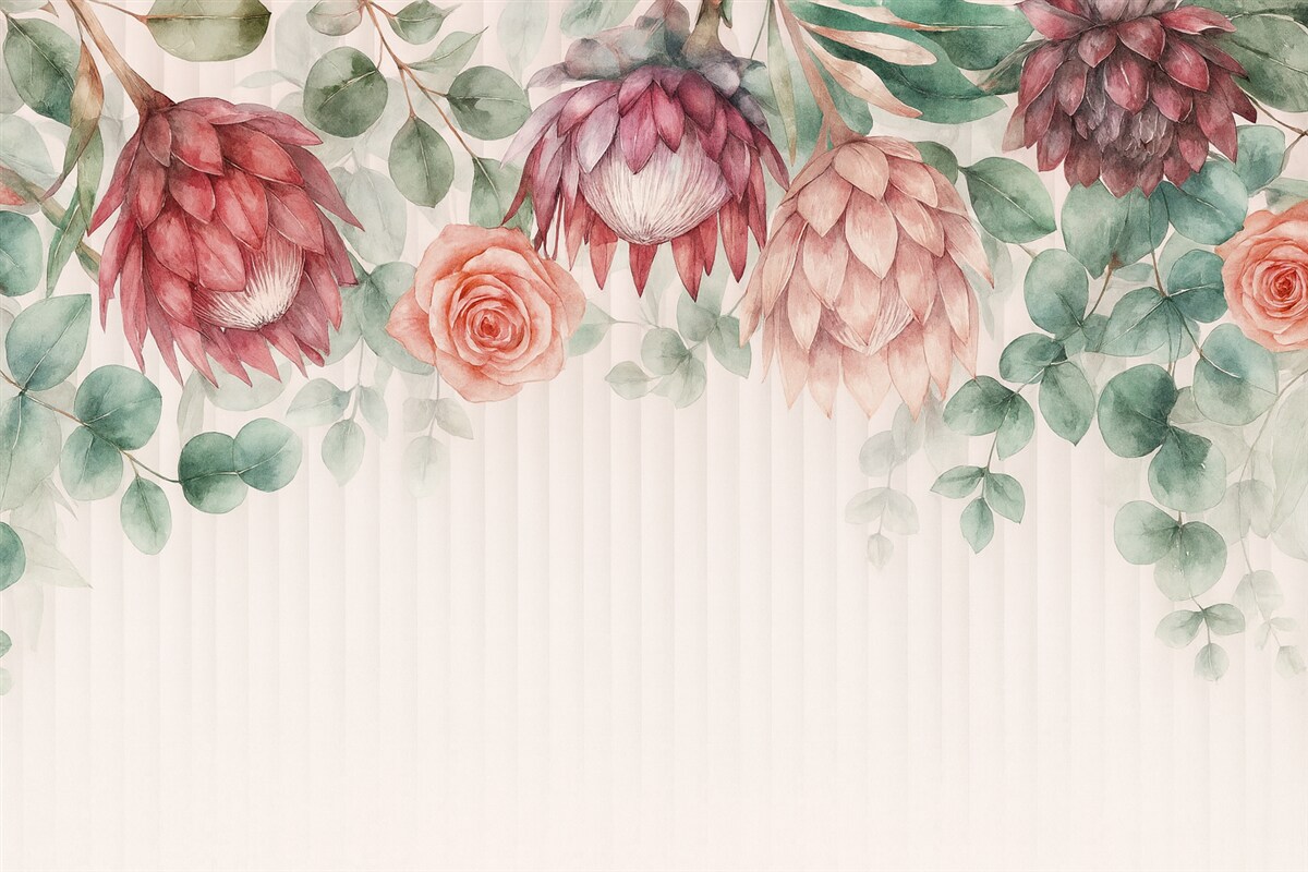 Fototapeta Kwiatowy zestaw z różowych protei oraz tropikalnych roślin z różami na białym tle, akwarela.