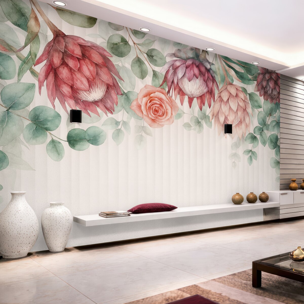 Fototapeta Kwiatowy zestaw z różowych protei oraz tropikalnych roślin z różami na białym tle, akwarela.