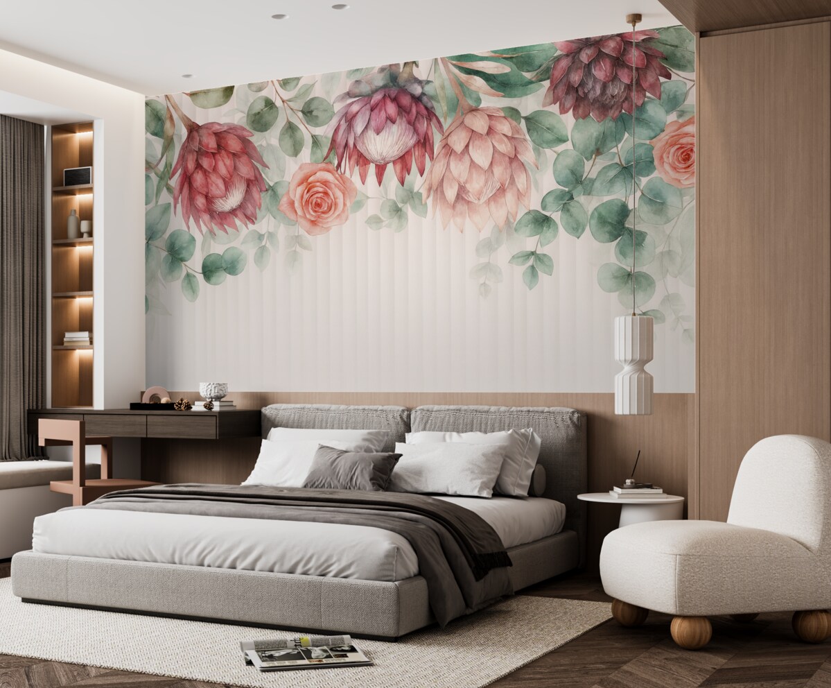 Fototapeta Kwiatowy zestaw z różowych protei oraz tropikalnych roślin z różami na białym tle, akwarela.