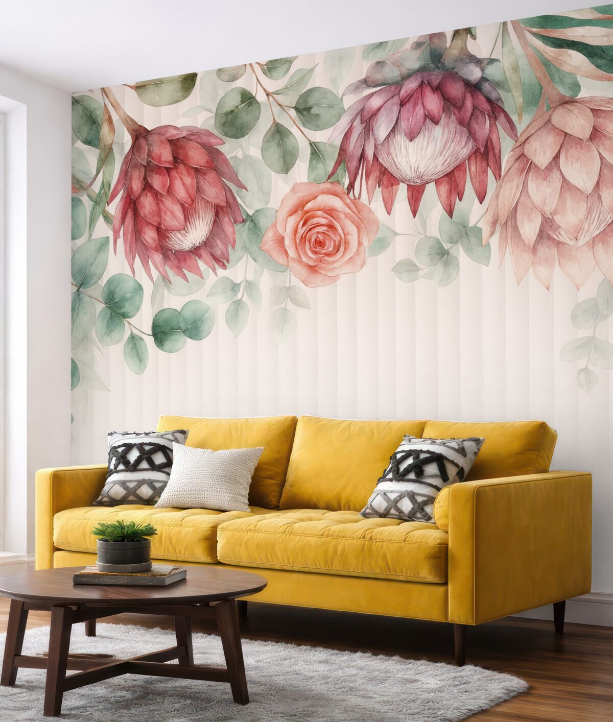 Fototapeta Kwiatowy zestaw z różowych protei oraz tropikalnych roślin z różami na białym tle, akwarela.