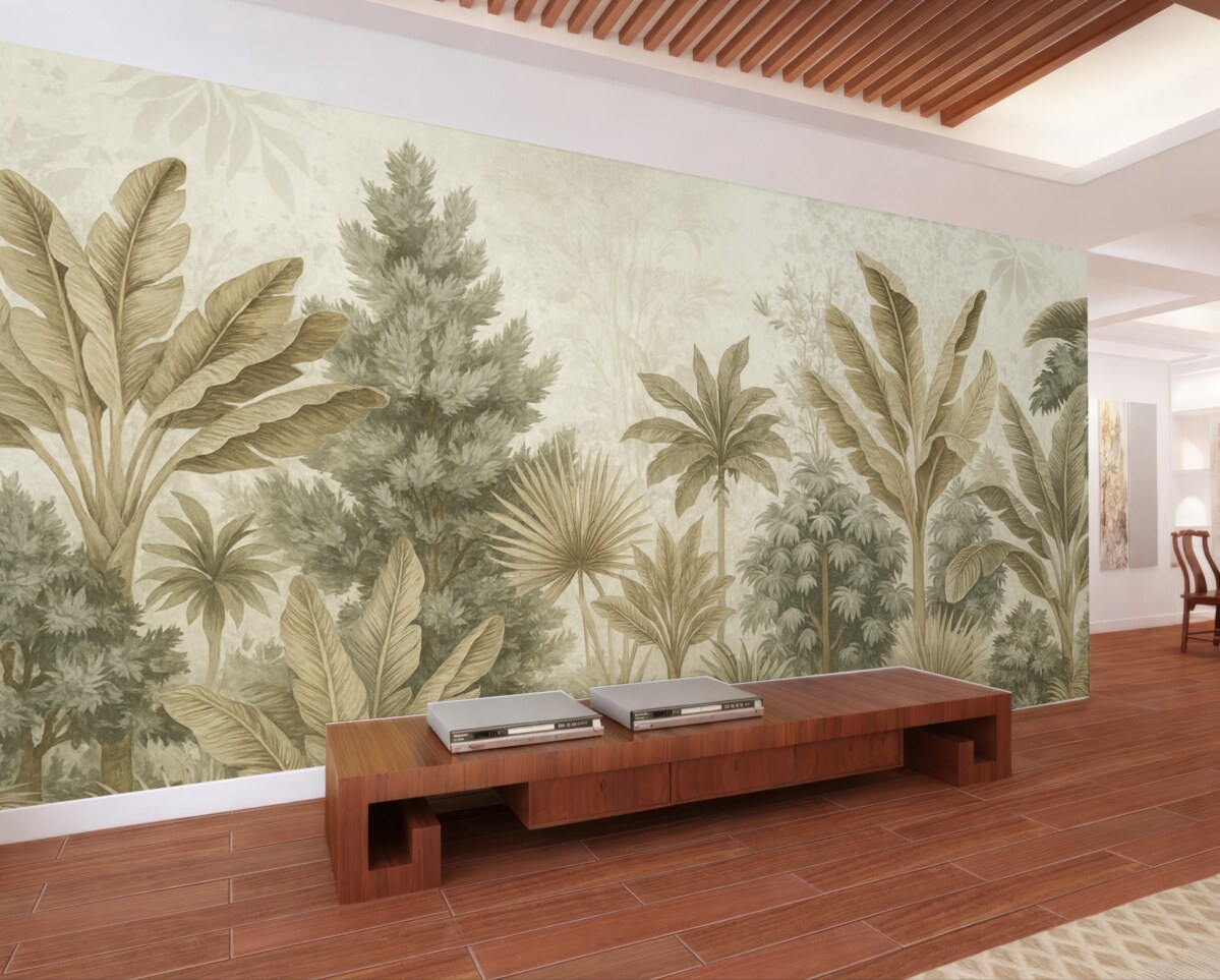 Fototapeta Lśniący, tropikalny wzór z zielonymi i brązowymi liśćmi, palmami oraz innymi obcymi roślinami.