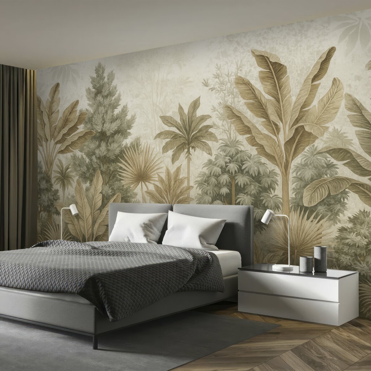 Fototapeta Lśniący, tropikalny wzór z zielonymi i brązowymi liśćmi, palmami oraz innymi obcymi roślinami.