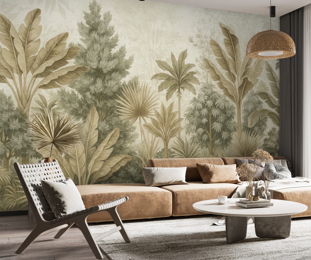 Fototapeta Lśniący, tropikalny wzór z zielonymi i brązowymi liśćmi, palmami oraz innymi obcymi roślinami.