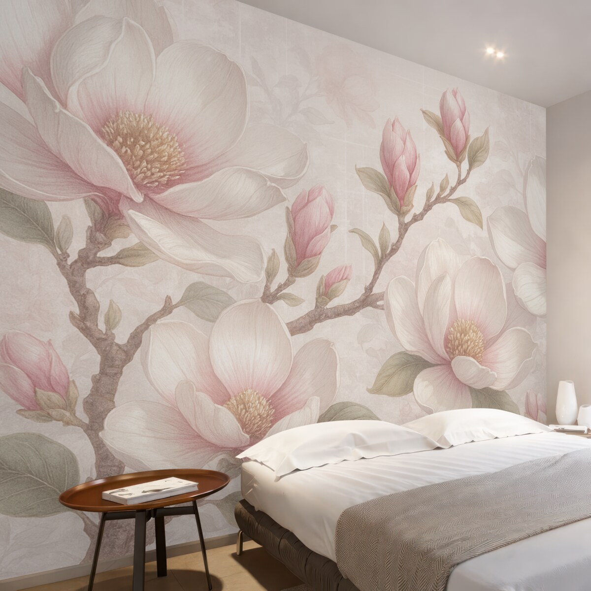 Fototapeta Subtelne różowe kwiaty magnolii w pełni rozkwitu na delikatnym, rozmytym tle.