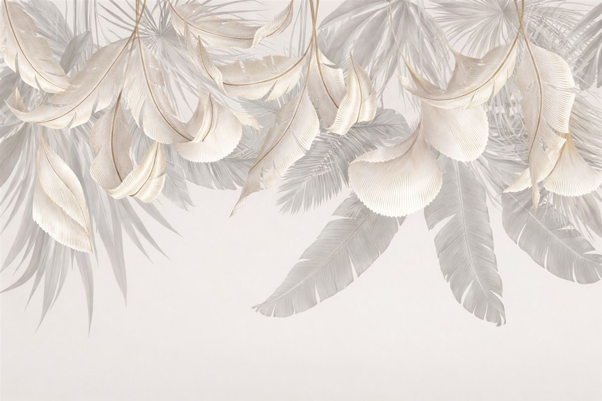 Fototapeta Subtelne białe i szare kwiatowe liście tropikalne stanowią łagodne, eteryczne tło.