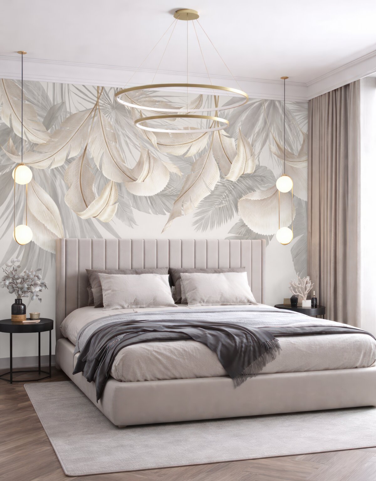 Fototapeta Subtelne białe i szare kwiatowe liście tropikalne stanowią łagodne, eteryczne tło.