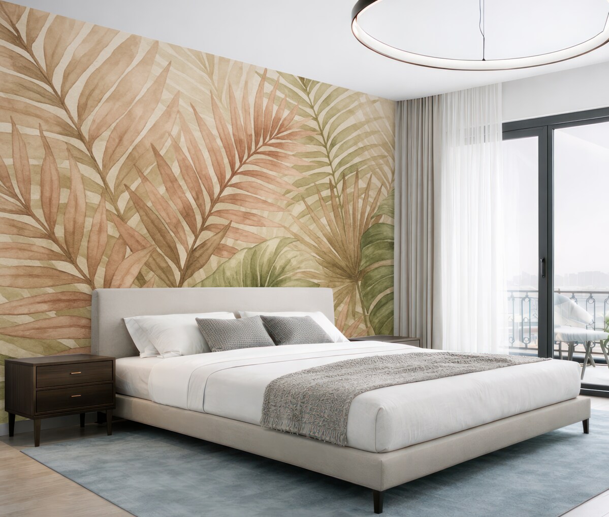 Fototapeta Liście palmy w akwarelowych tonacjach zieleni i różu na jasnym tle.