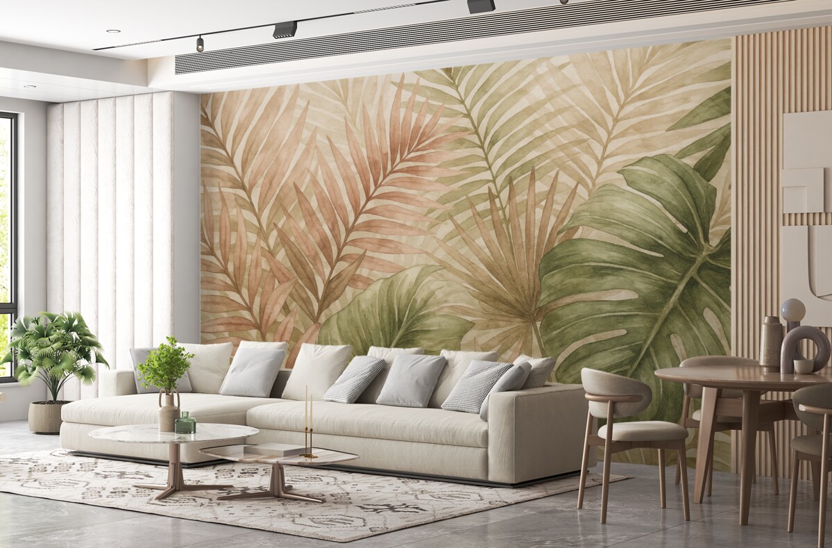 Fototapeta Liście palmy w akwarelowych tonacjach zieleni i różu na jasnym tle.