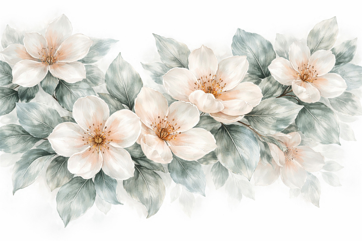 Fototapeta Subtelne białe i różowe kwiaty magnolii z gładkimi zielonymi liśćmi na jasnym tle.